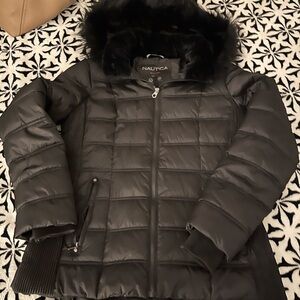Nautica Women's Charcoal Puffer Coat with Faux Fur Hood